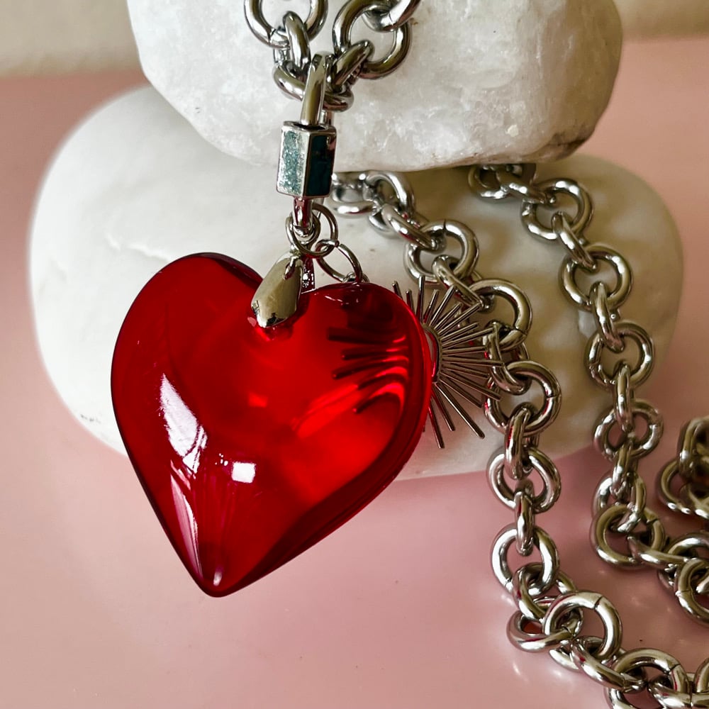 Image of Chunky Glass Heart and Heartburst Chain in Red