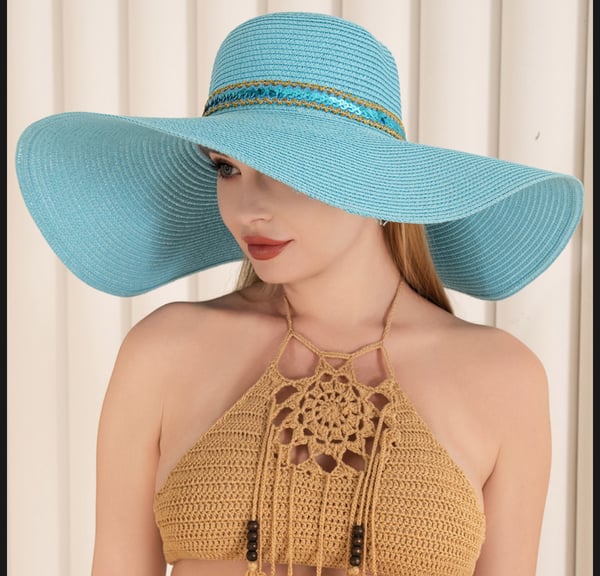 Image of Sequin Band Pointed Straw Sun Hat (Aqua)