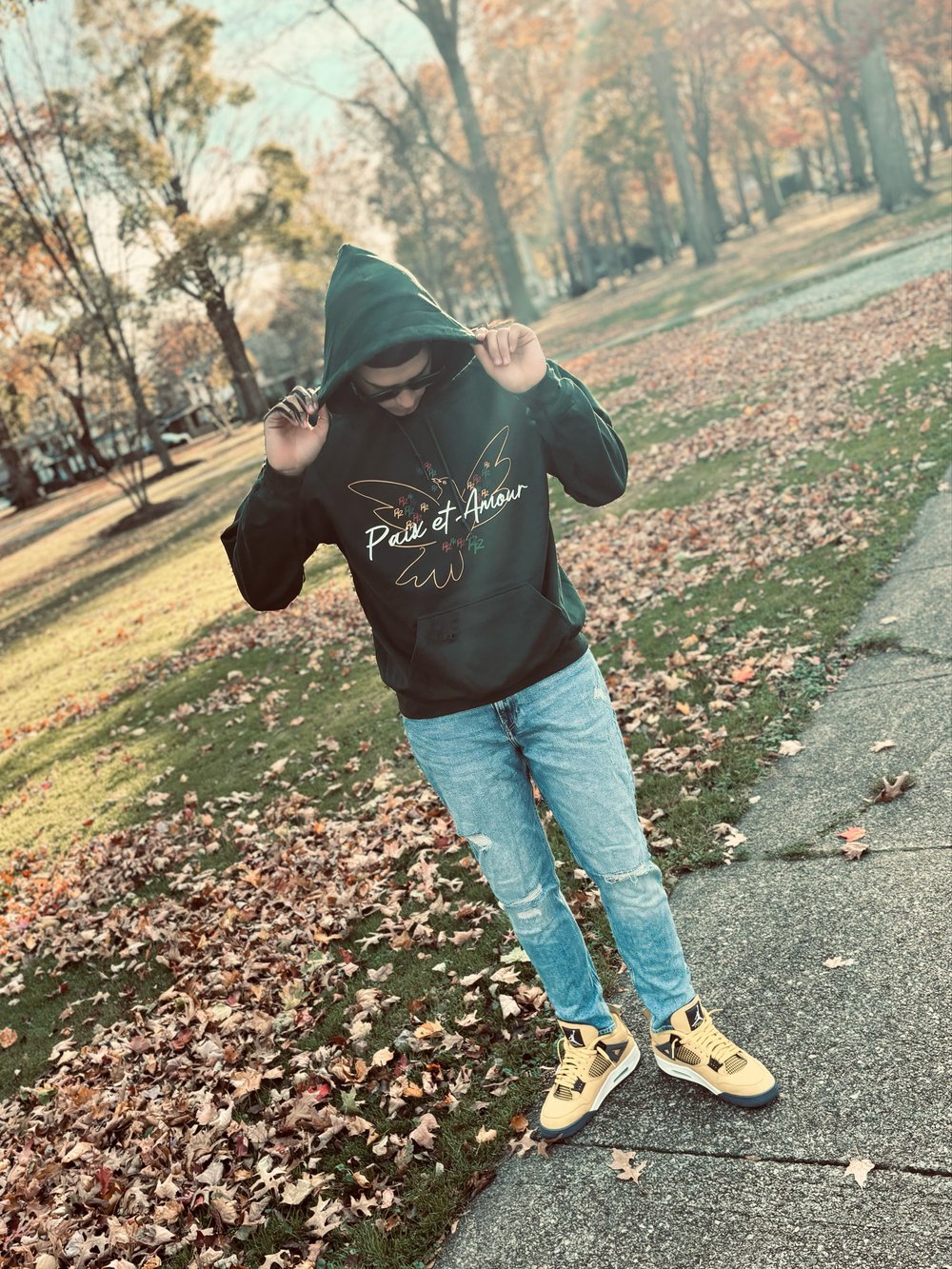 Image of Distressed Peace and Love Hoodie (forest green)