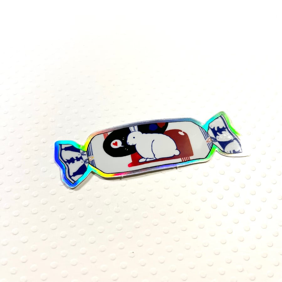 Image of white rabbit candy holographic sticker 