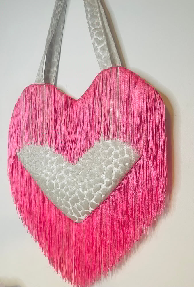 Image of 💖 Silver & Hot Pink Heart Bag – Fringe Statement Piece