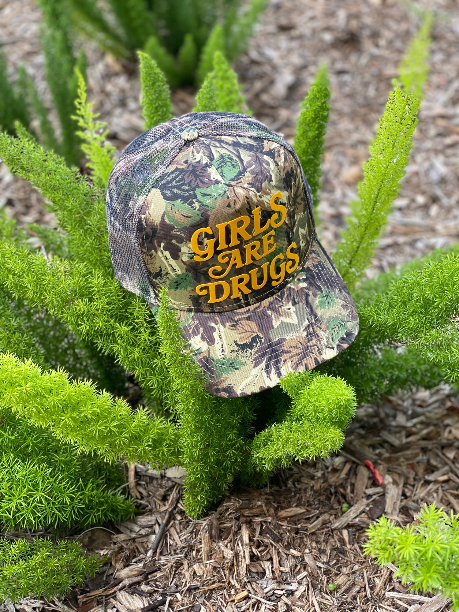 Image of GIRLS ARE DRUGS® TRUCKERS - HUNTING CAMO / YELLOW