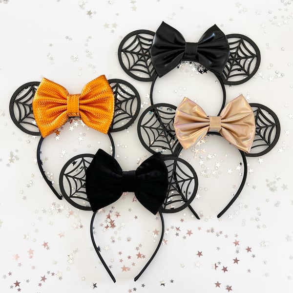 Image of Spiderweb Mouse Ears with Black, Orange + Copper Bows