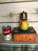 Halloween Folk Art Cat witch on wood container original