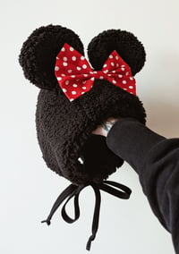 Image 1 of Sherpa fleece mouse bonnet with oversized bow