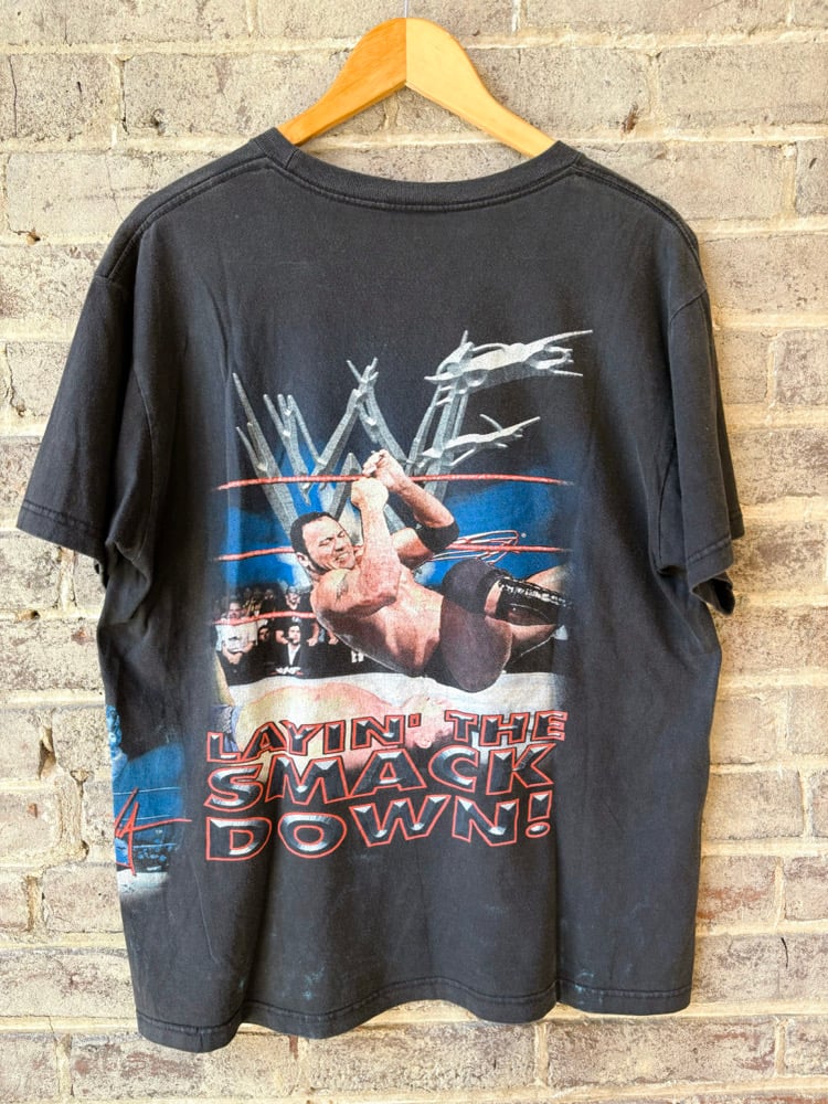 Image of RARE YEAR 2000 VINTAGE WWF “THE ROCK - LAYIN’ THE SMACK DOWN” WRAPAROUND WRESTLING TEE