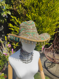 Image 1 of Dolly cowboy hat - recycled sari fabric Dark Green pearls