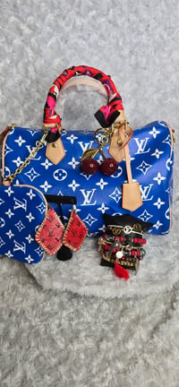 Image 1 of Blue Luv 2pc Speedy with red stretch bangle stack & Earrings