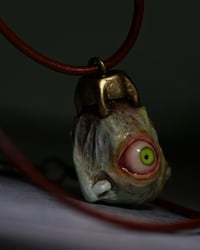 Image 9 of Egg of the King big eyes pendant, leather cord, brass hardware, OOAK,