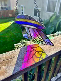 Image 3 of Stained Glass UFO Suncatcher – Dichroic Beam Handmade Hanging Window Art