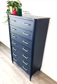 Image 10 of Vintage Stag Chateau Tallboy / Large Chest of Drawers painted in navy blue.
