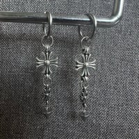 Image 3 of ♱ Alt Goth Gunmetal Spike Cross Hoops ♱