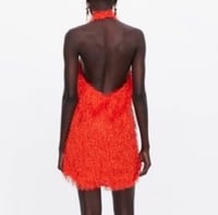 Image 2 of ZARA fuzzy fringe halter neck mini orange dress