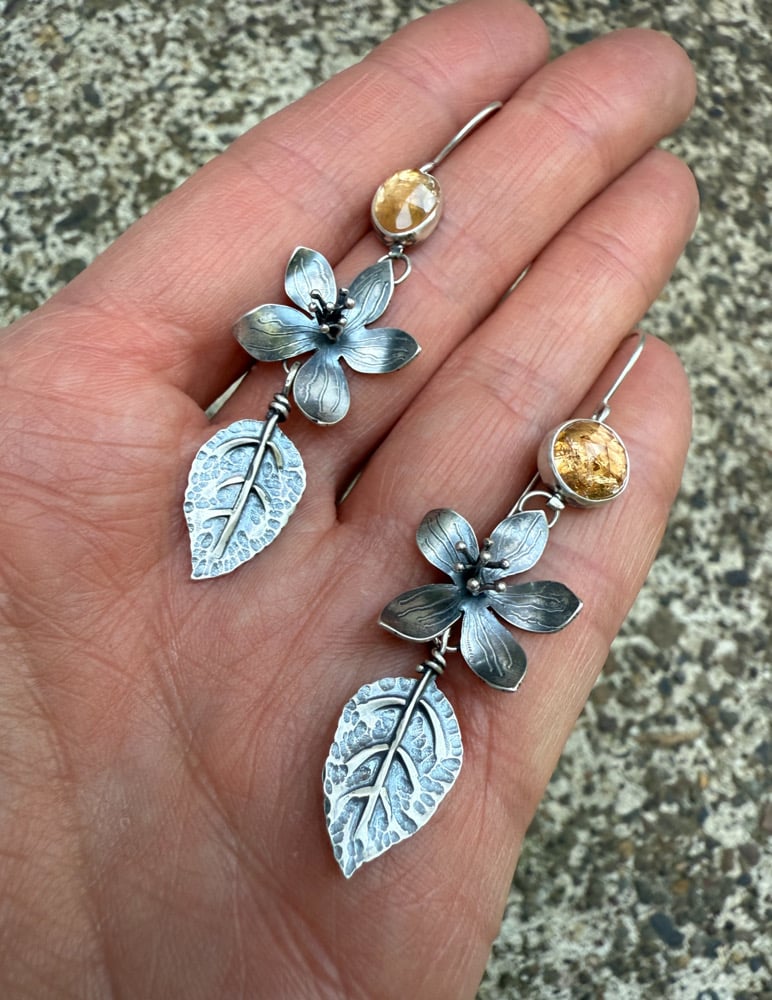 Image of Apple Blossom Flower and Leaf Statement Earrings
