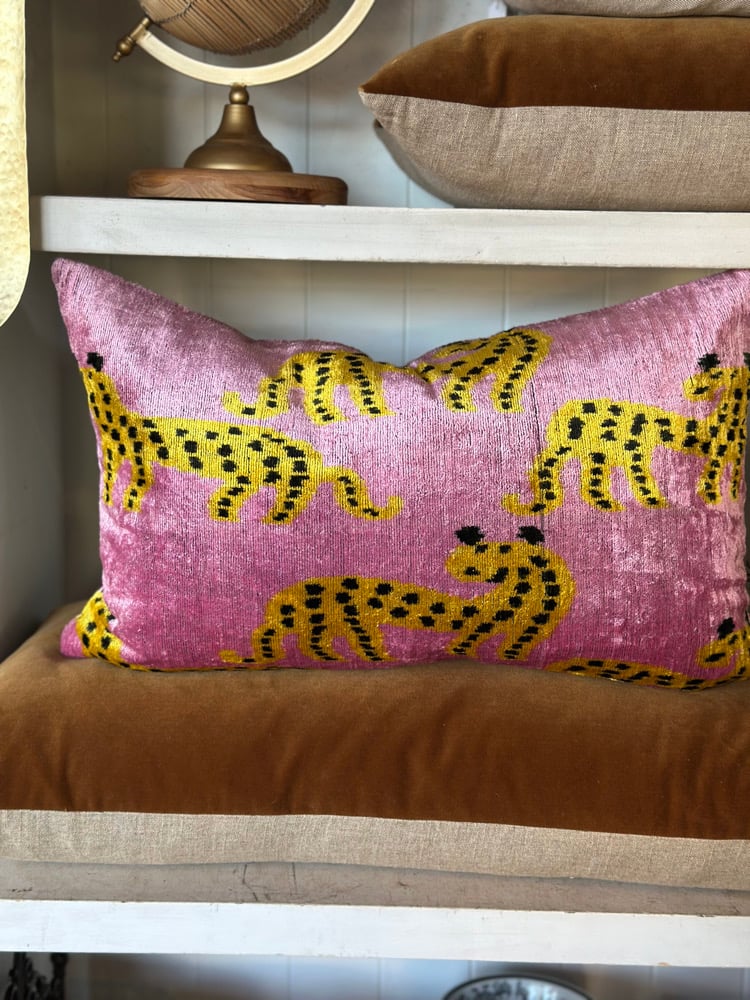 Image of Pink Cheetah Ikat Velvet Cushion