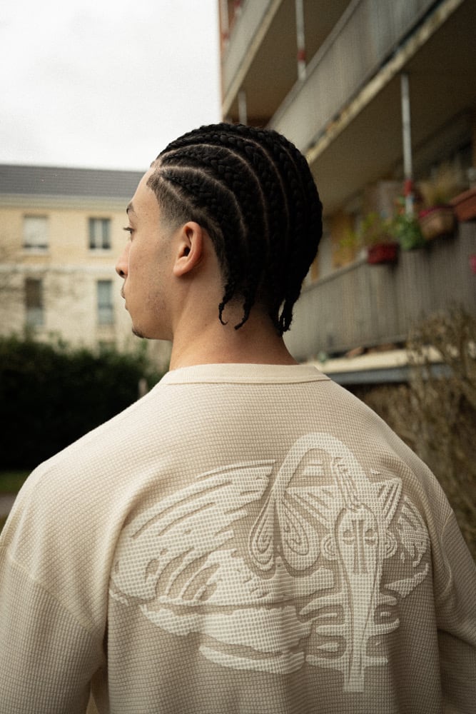 t-shirt manche longue gaufré naturel + blanc