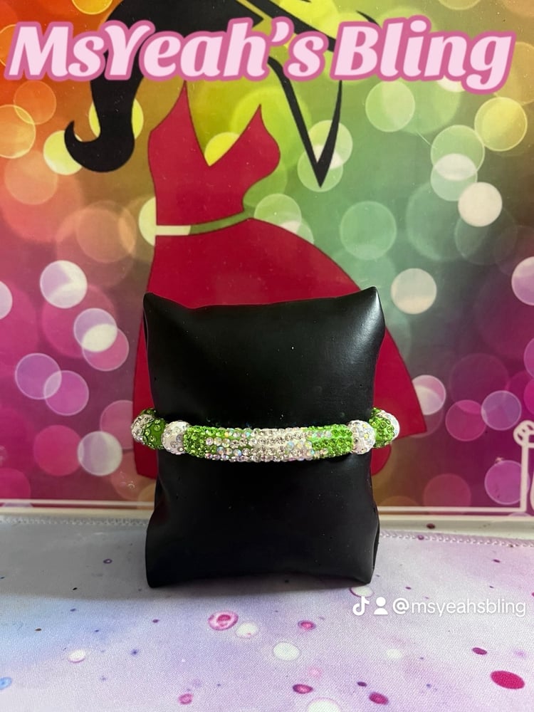 Image of Apple Green, army green, purple fantasy and tiffany’s teal bracelets