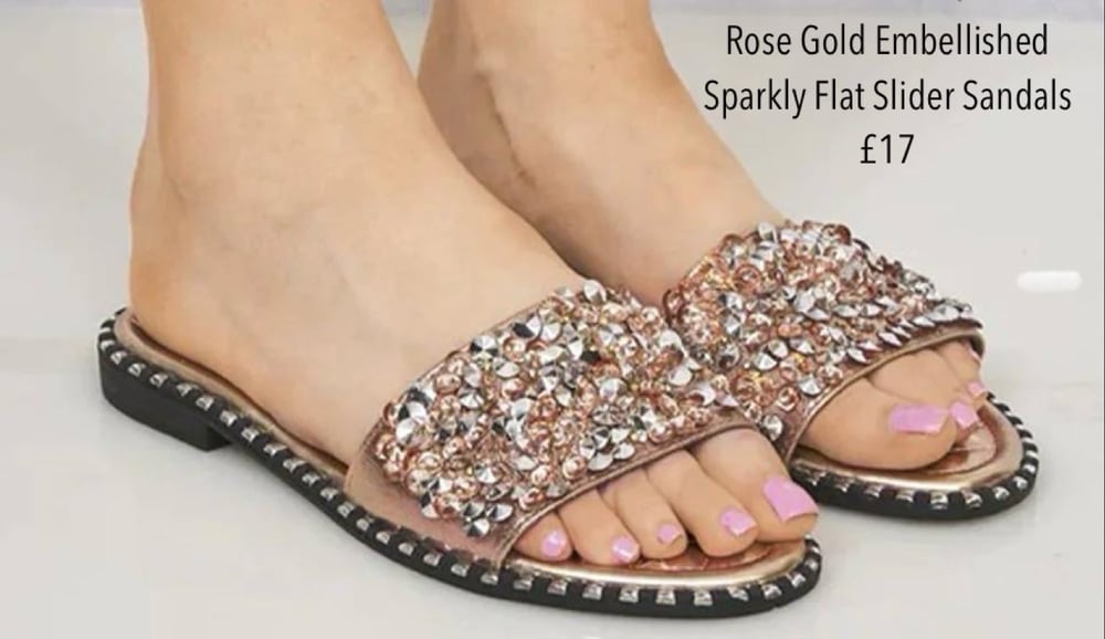 Image of Rose Gold Embellished Sparkly Flat Slider Sandals