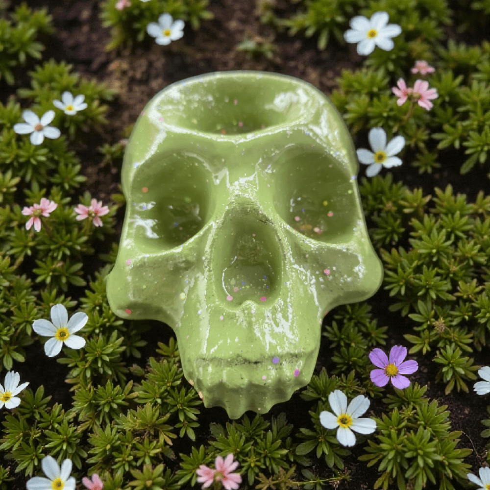 Image of Green Confetti Glitter Cement Skull Planter