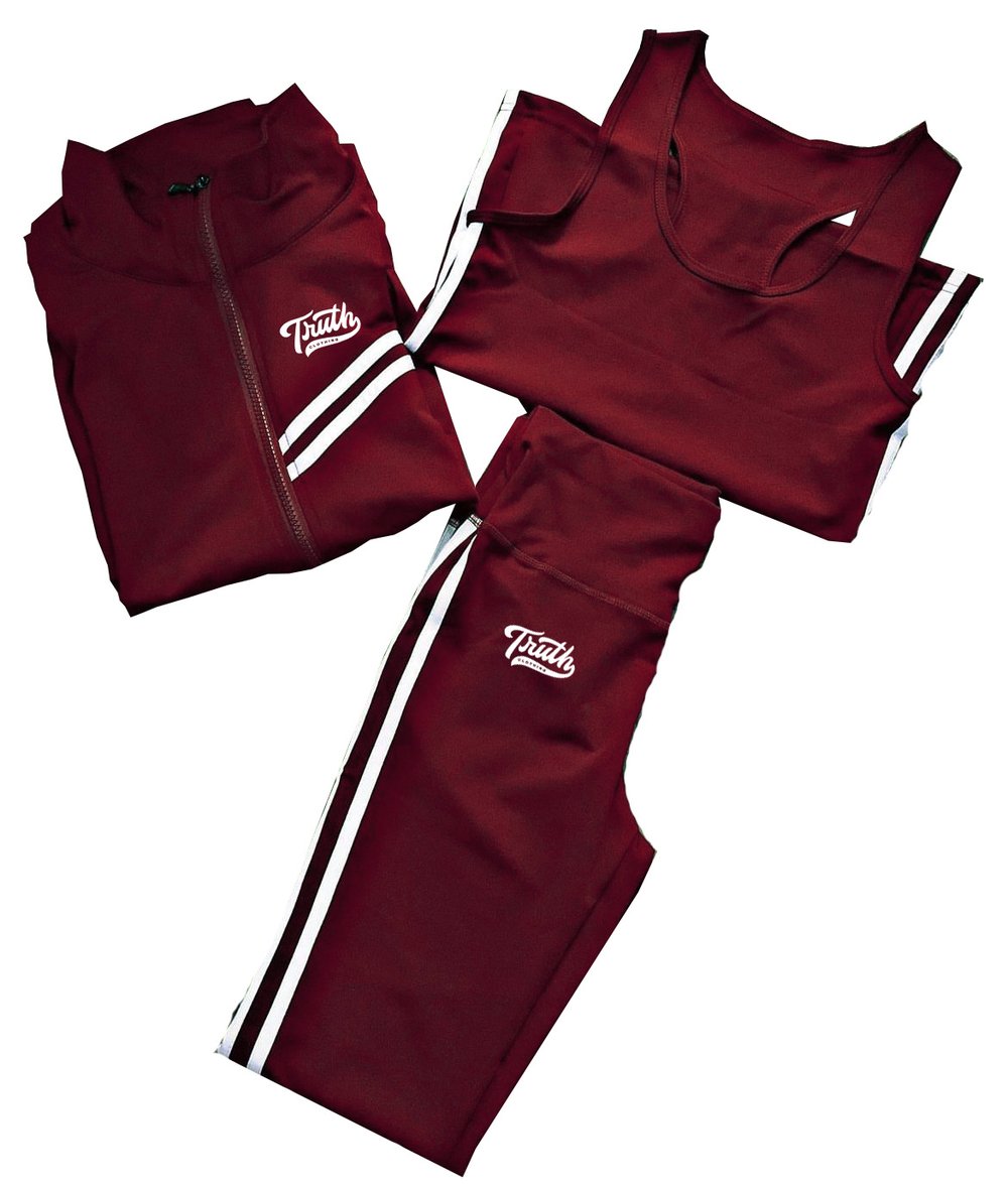 Women’s 3 Piece Fitness Set with Embroidered Logo | Burgundy