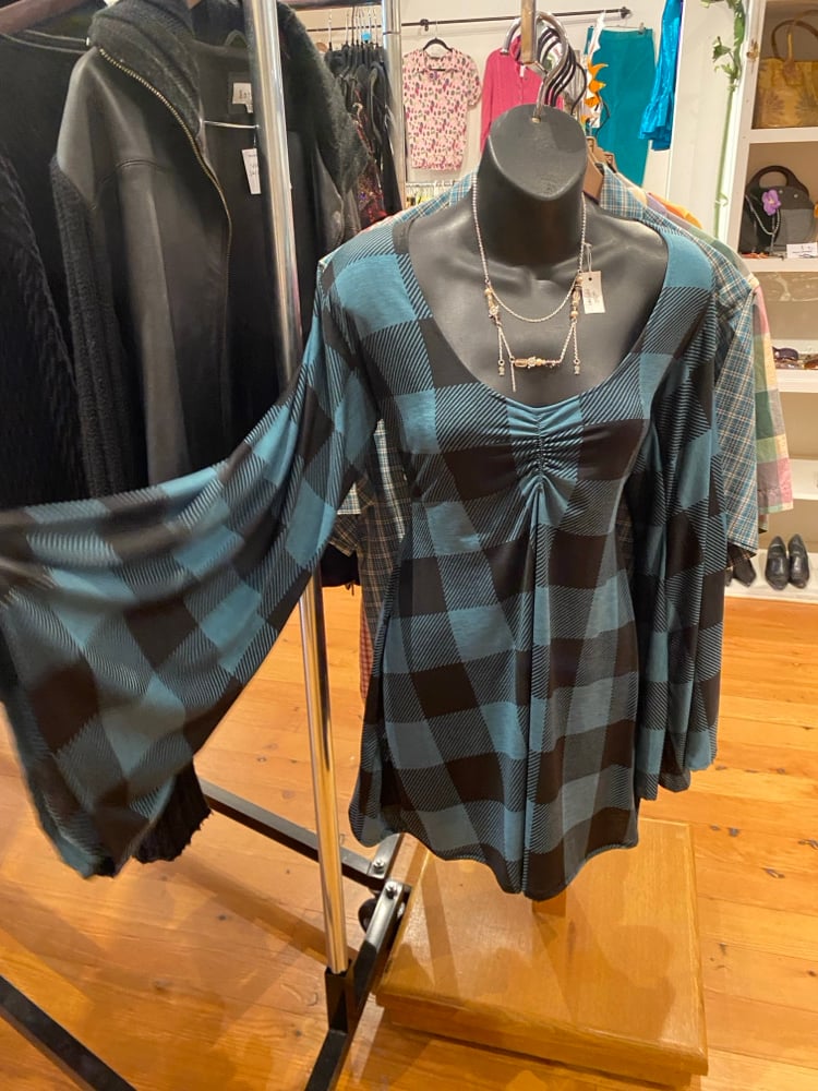 Image of Bell Sleeve Dress (teal plaid)