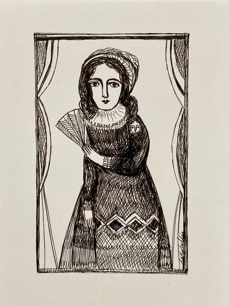 Image of woman with a fan - pen drawing 