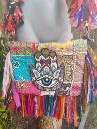 Image 1 of FRILL body cross Sari bag with ruffle -large detachable strap- Hamsa Hand 2