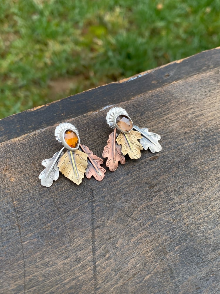 Image of Mixed Leaf Mixed Metal Mismatch Color Zircon Jacket Earrings