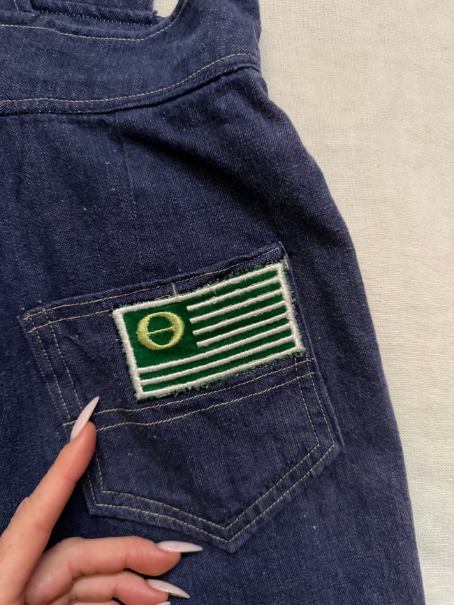 1960s denim short overalls with peace and ecology environmental patches