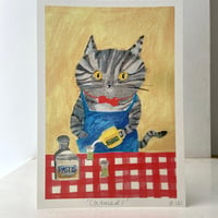 Image 4 of ‘Chamedi’ art print in two sizes A5 or A4 tabby cat pouring an aperitif 
