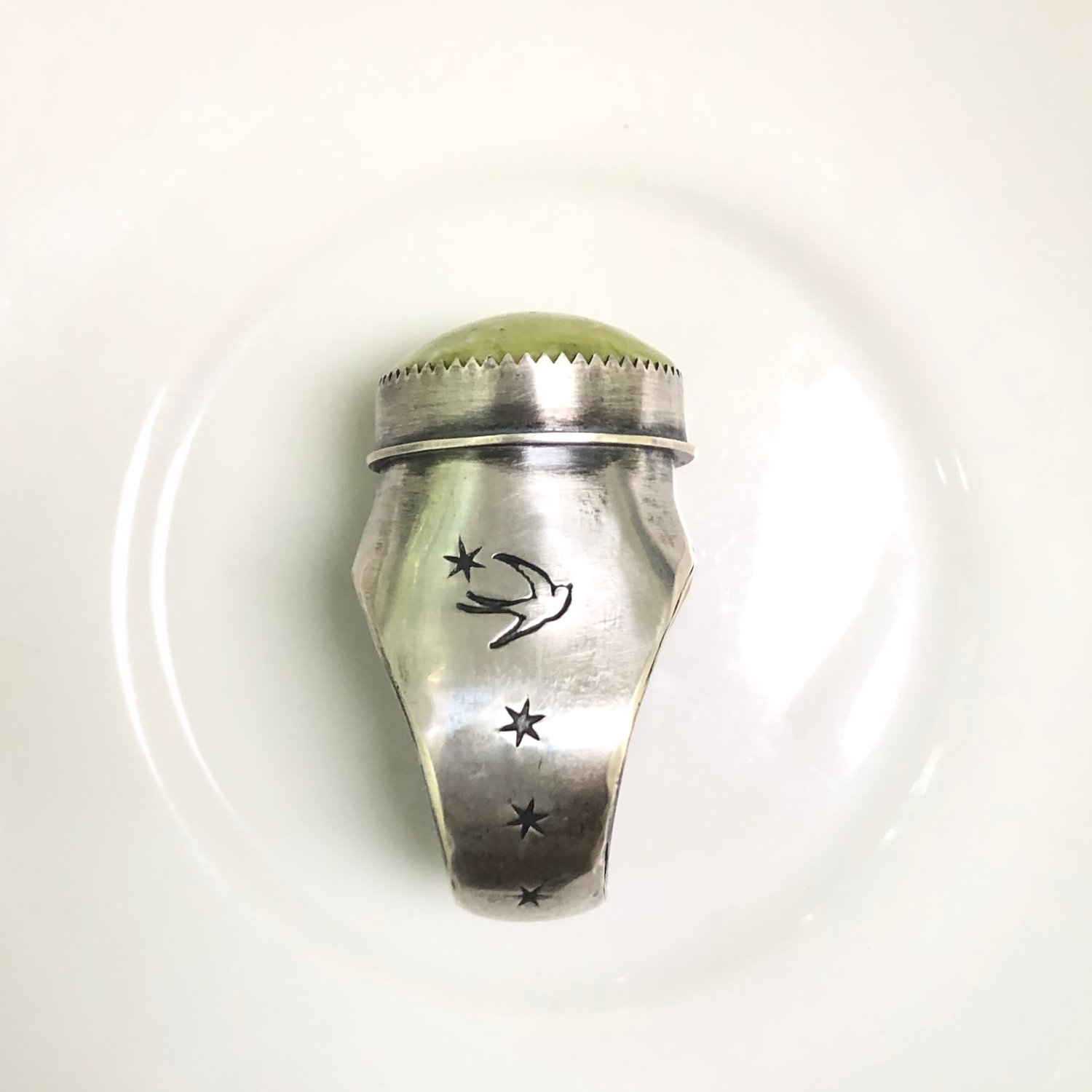 Image of  Serpentine Hollow Form Signet Ring with Amethyst Inset