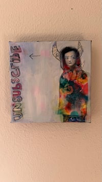 Image 3 of Original painting “Unsubscribe” 8” x 8” Oil Acrylic Graphite on Canvas