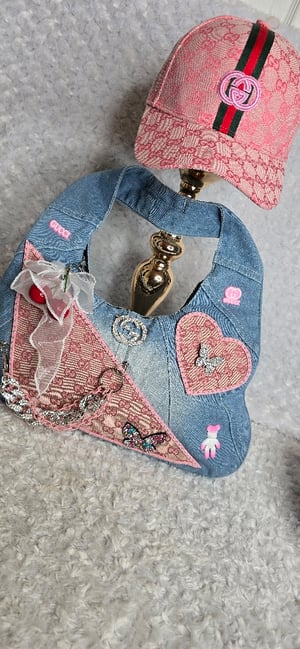 Image of Pink Gorg girl Denim shoulder bag Matching hat