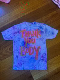 Image 1 of Purple and blue multi colour tight 70s style t shirt with orange text (size 12)