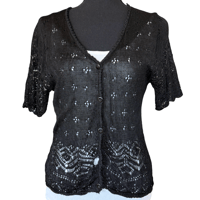 Image 2 of Vintage 90s Wrapper Black Short Sleeve Crochet Button Front Cardigan - Size M 