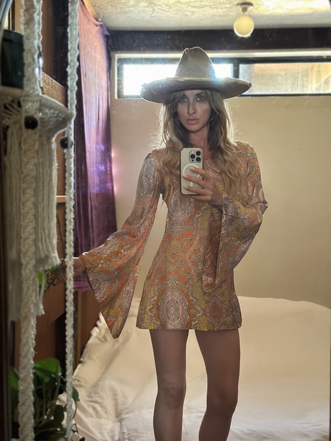 late 60s paisley angel sleeve mini dress