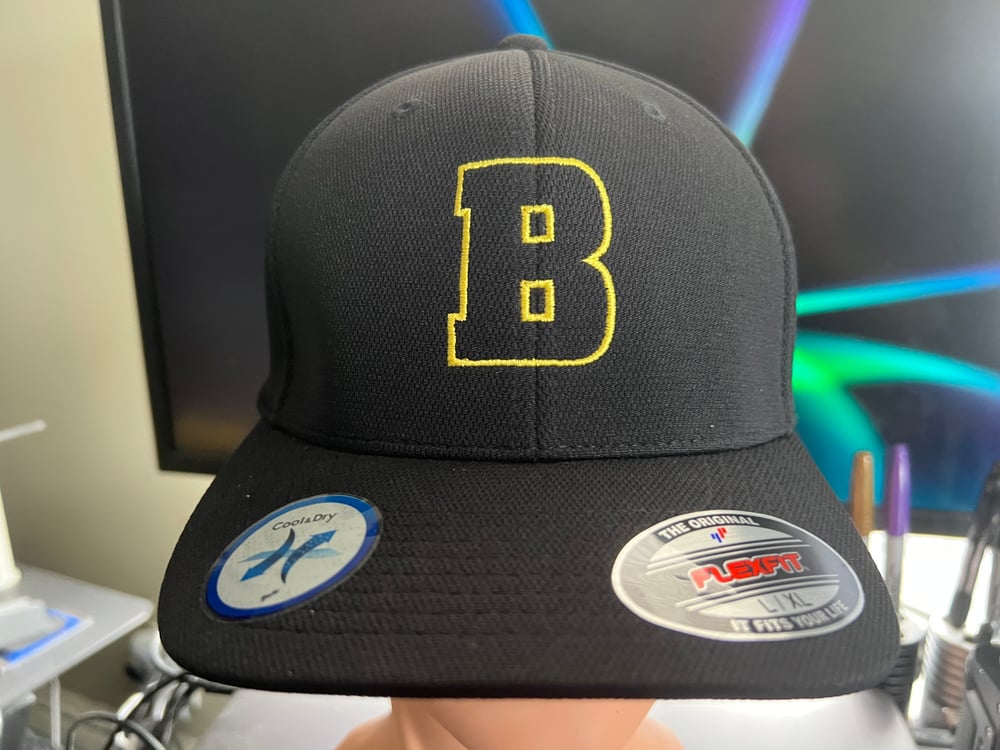 Berthold City Bold Gold Boston B Outline Black Flexfit Baseball Hat