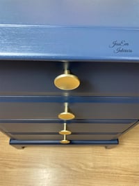 Image 4 of Pair of Stag Minstrel Bedside Tables / Bedside Cabinets / Chest Of Drawers painted in navy blue 