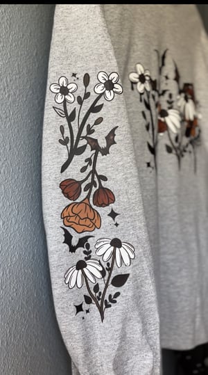 Image of  Halloween bats spider webs and  flowers  long sleeve 