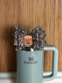 Image 2 of Glitter Cheeta Print Tumbler Straw Topper Bow with Motivational Candle Charm