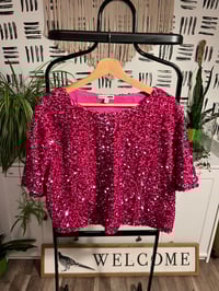 Image 2 of Fashion Nova pink sequins crop top and mini feather skirt set 