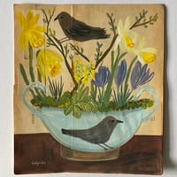 Blue bird dish with spring garden - book page artwork 