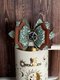 Image 2 of Western Themed Teal Tumbler Straw Topper Bow