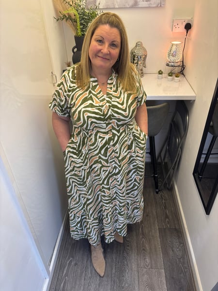 Image of ANIMAL PRINT COCONUT BUTTON THROUGH MIDI DRESS