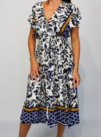 Image 1 of Abstract Leaf Button Frill Sleeve Midi Dress