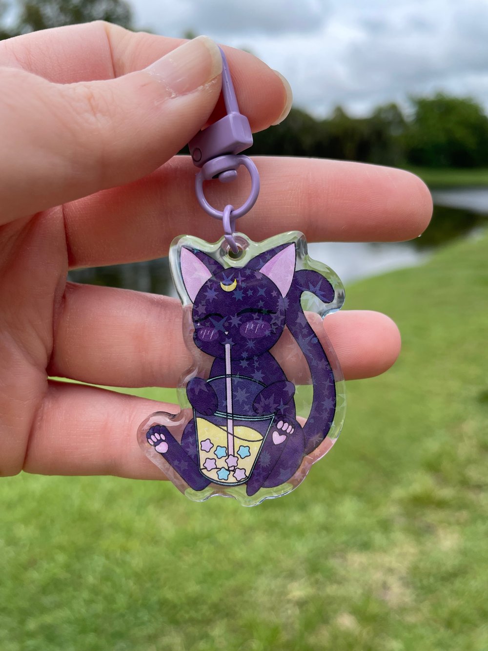 Image of Black Kitty Drinking Boba Plush Pillow & Acrylic Keychain