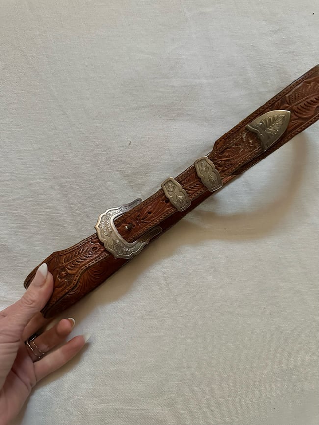 70s sterling silver leather Douglas Madnus Santa Fe belt ranger set