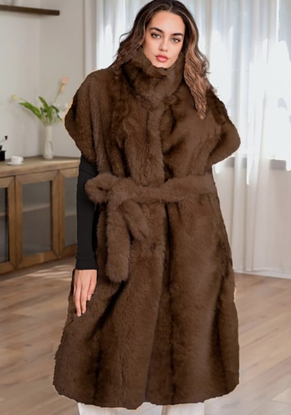 Image of Cozy Faux Fur Long Belted Vest Brown