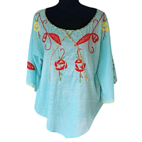 Image 1 of Vintage Light Blue Embroidered Handmade Boho Peasant Top - M 