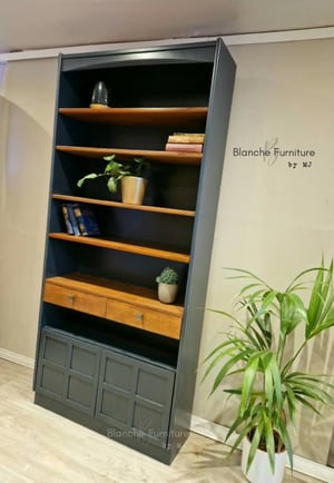 Image of Beautiful Nathan Bookcase in Dark Grey, Walnut Shelves and Antique Brass handles